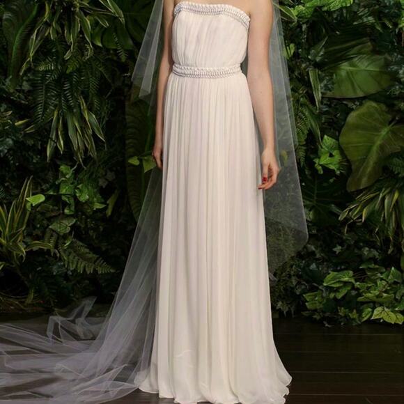 NAEEM KHAN Wedding Dress Mykonos FB049 100% Silk Chiffon Ivory Strapless Beaded - Picture 1 of 8